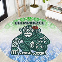 Sierra Leone Round Carpet with Tribal Chimpanzee Design and Green Blue Gradient Pattern