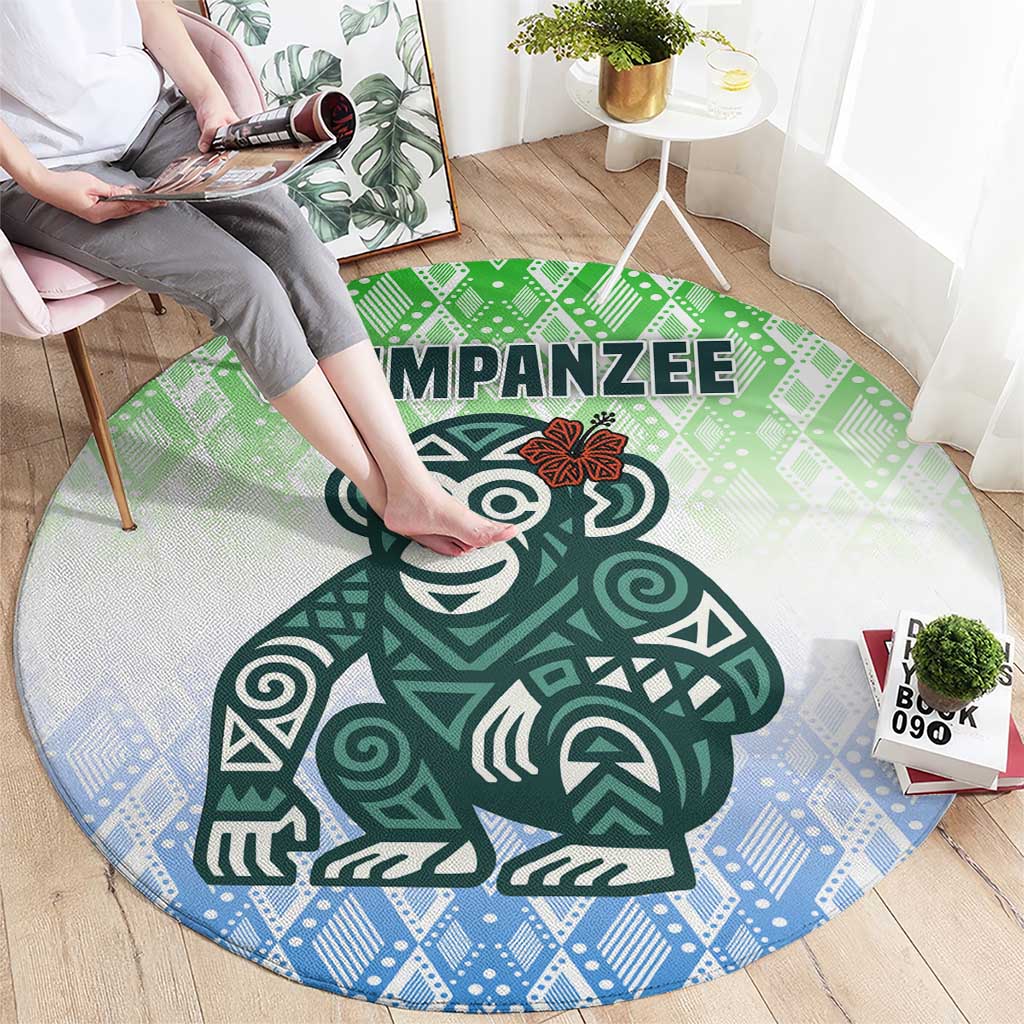 Sierra Leone Round Carpet with Tribal Chimpanzee Design and Green Blue Gradient Pattern