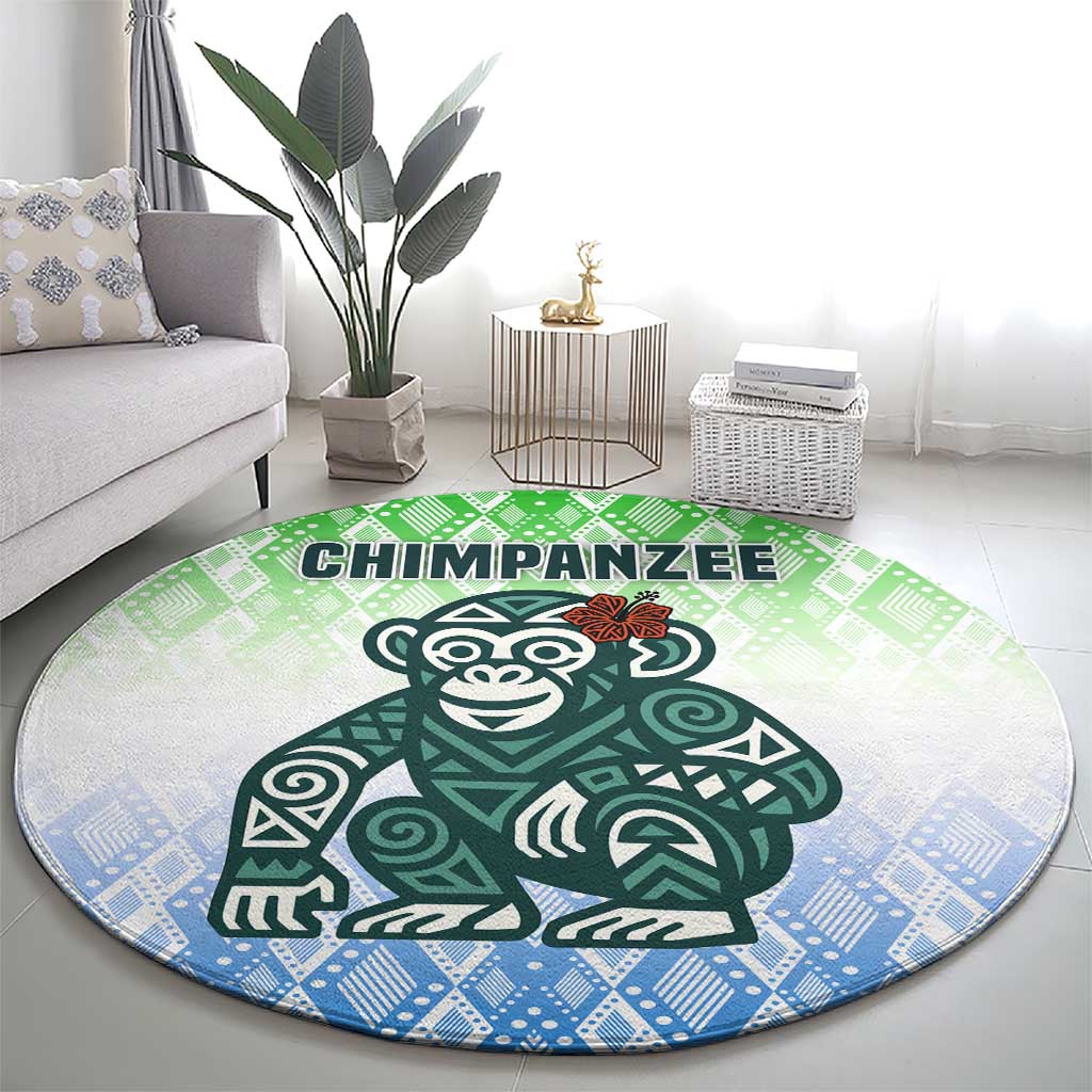 Sierra Leone Round Carpet with Tribal Chimpanzee Design and Green Blue Gradient Pattern