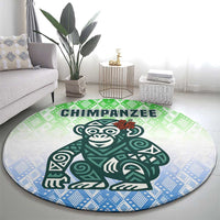 Sierra Leone Round Carpet with Tribal Chimpanzee Design and Green Blue Gradient Pattern