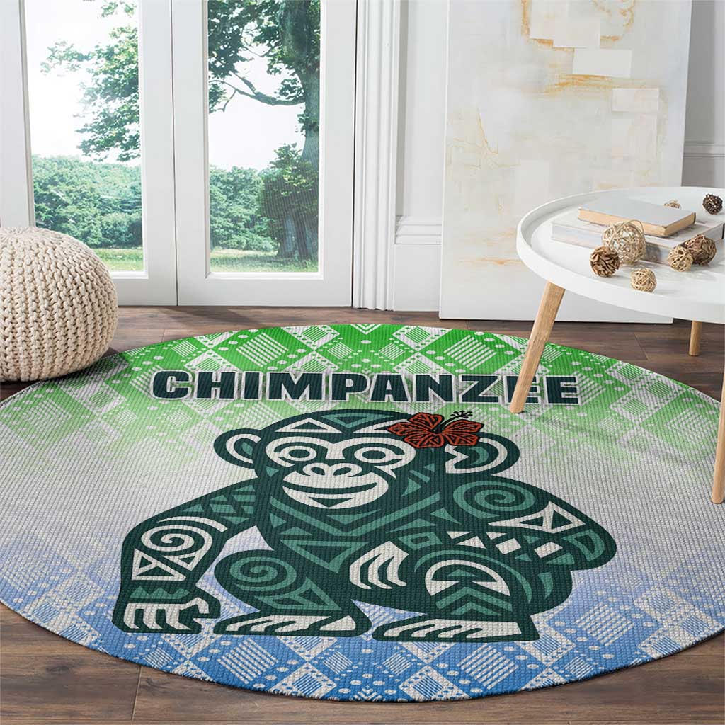 Sierra Leone Round Carpet with Tribal Chimpanzee Design and Green Blue Gradient Pattern