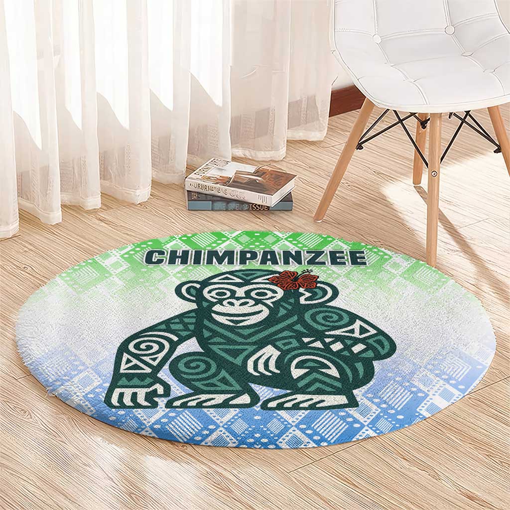Sierra Leone Round Carpet with Tribal Chimpanzee Design and Green Blue Gradient Pattern
