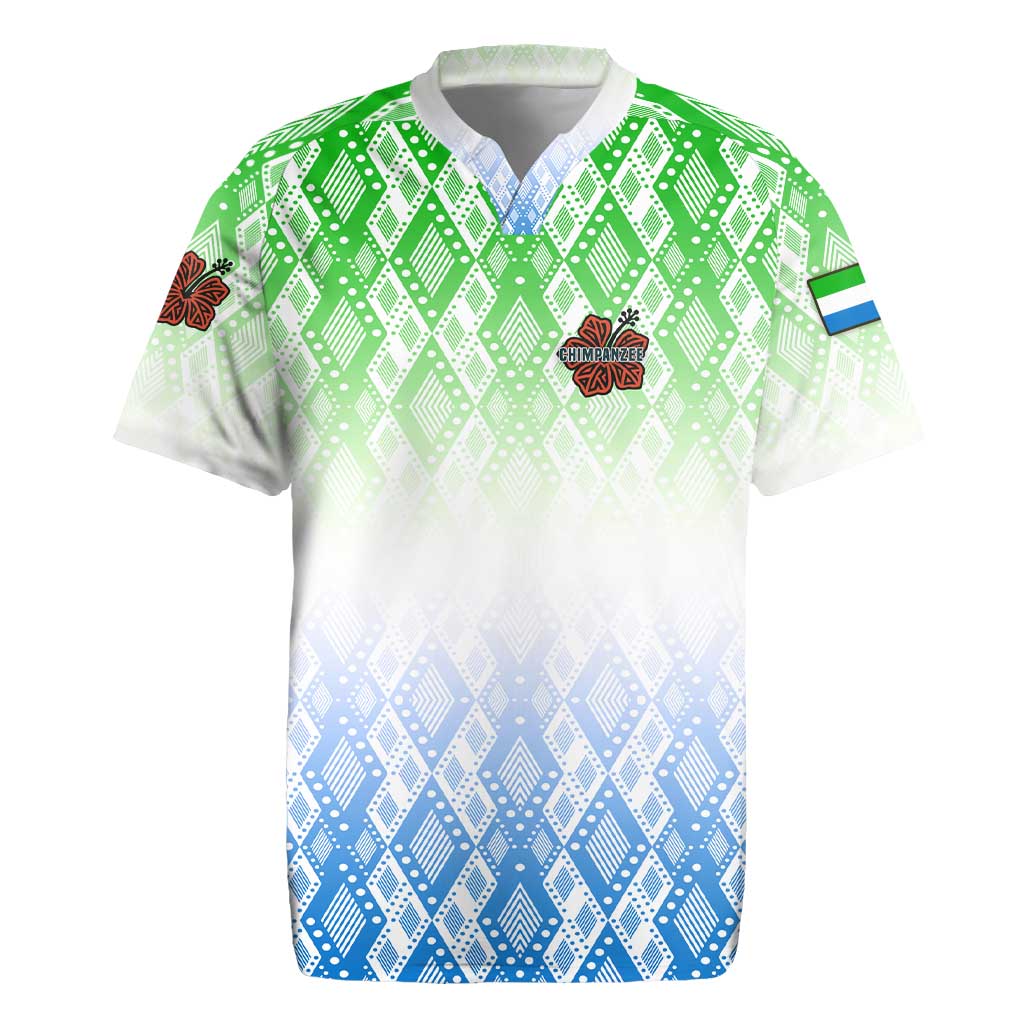 Sierra Leone Rugby Jersey with Tribal Chimpanzee Design and Green Blue Gradient Pattern