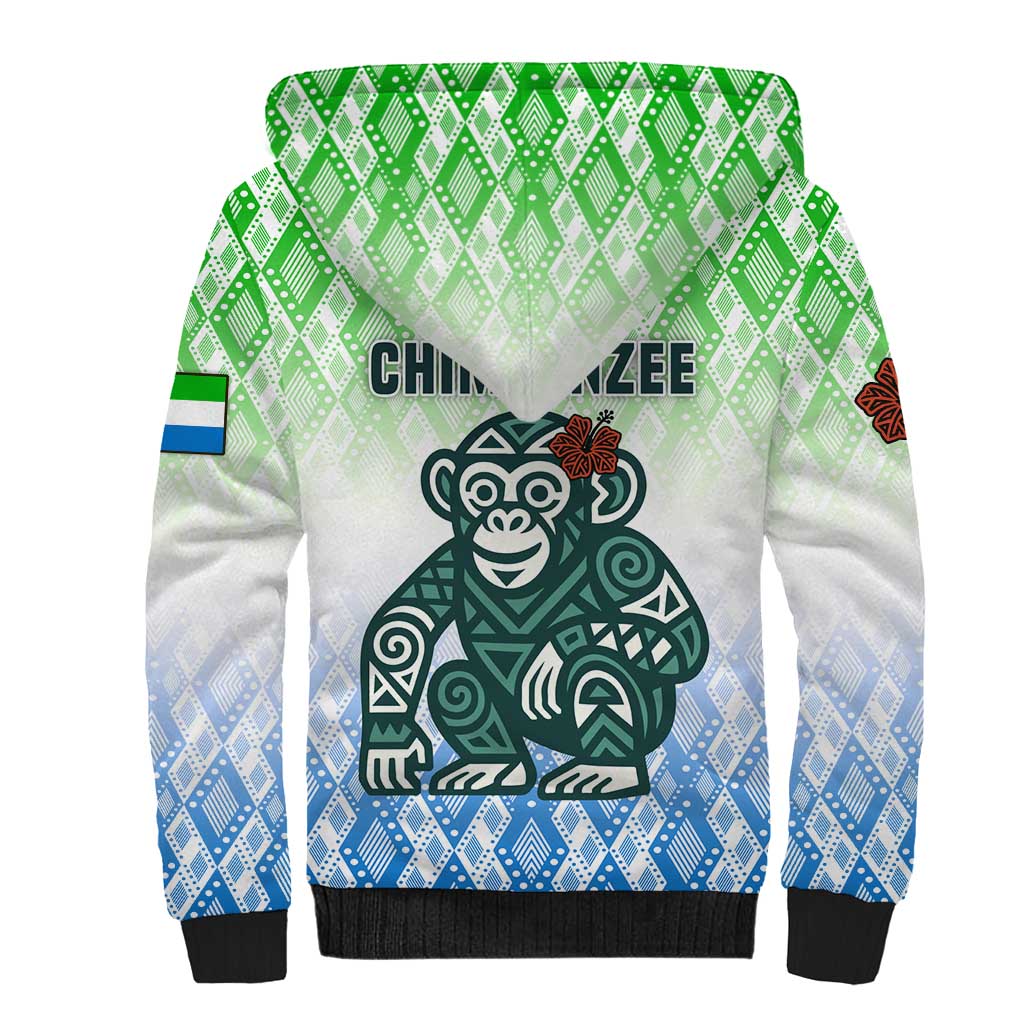 Sierra Leone Sherpa Hoodie with Tribal Chimpanzee Design and Green Blue Gradient Pattern
