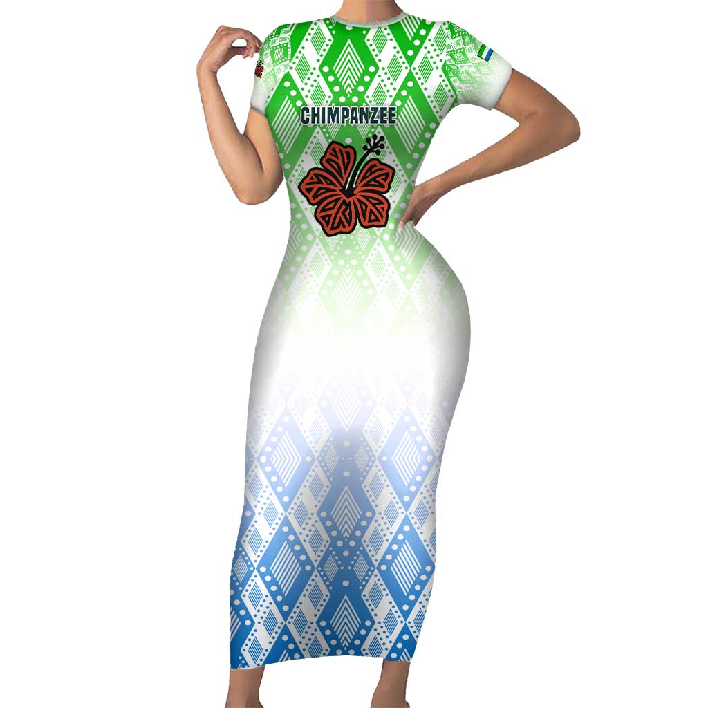 Sierra Leone Short Sleeve Bodycon Dress with Tribal Chimpanzee Design and Green Blue Gradient Pattern