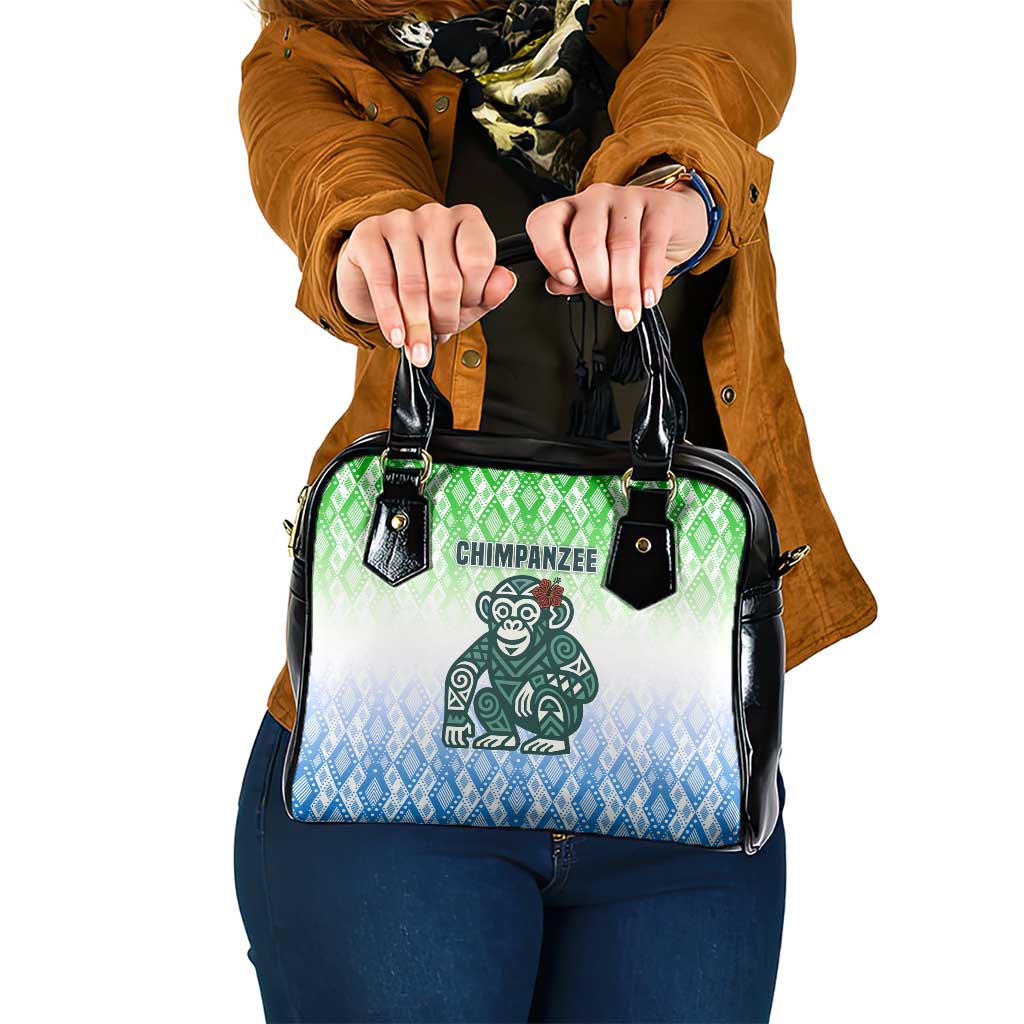 Sierra Leone Shoulder Handbag with Tribal Chimpanzee Design and Green Blue Gradient Pattern