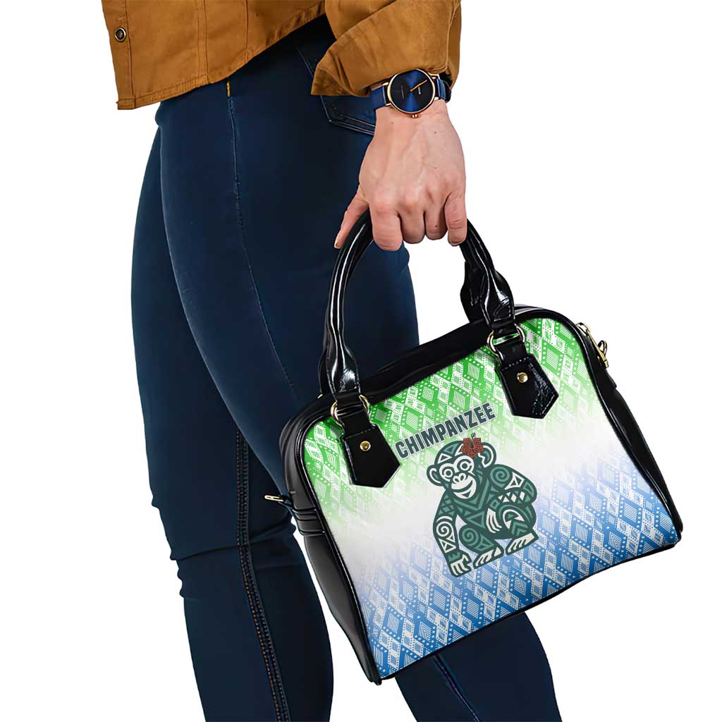 Sierra Leone Shoulder Handbag with Tribal Chimpanzee Design and Green Blue Gradient Pattern