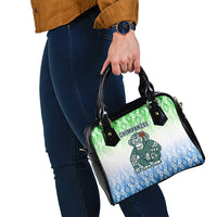 Sierra Leone Shoulder Handbag with Tribal Chimpanzee Design and Green Blue Gradient Pattern
