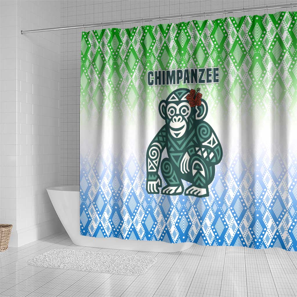 Sierra Leone Shower Curtain with Tribal Chimpanzee Design and Green Blue Gradient Pattern