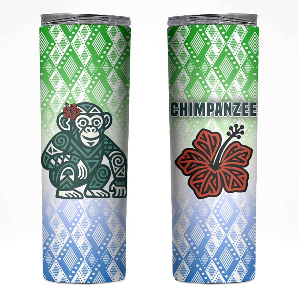 Sierra Leone Skinny Tumbler with Tribal Chimpanzee Design and Green Blue Gradient Pattern