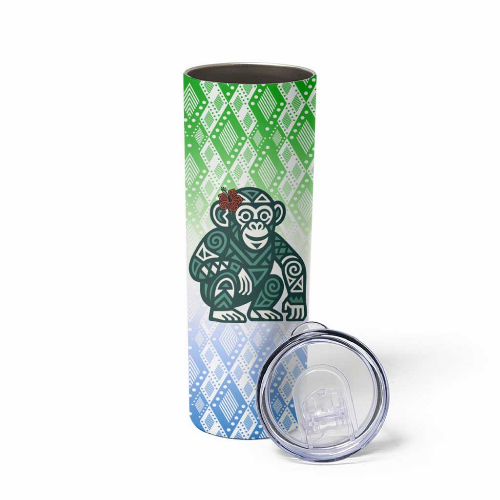 Sierra Leone Skinny Tumbler with Tribal Chimpanzee Design and Green Blue Gradient Pattern
