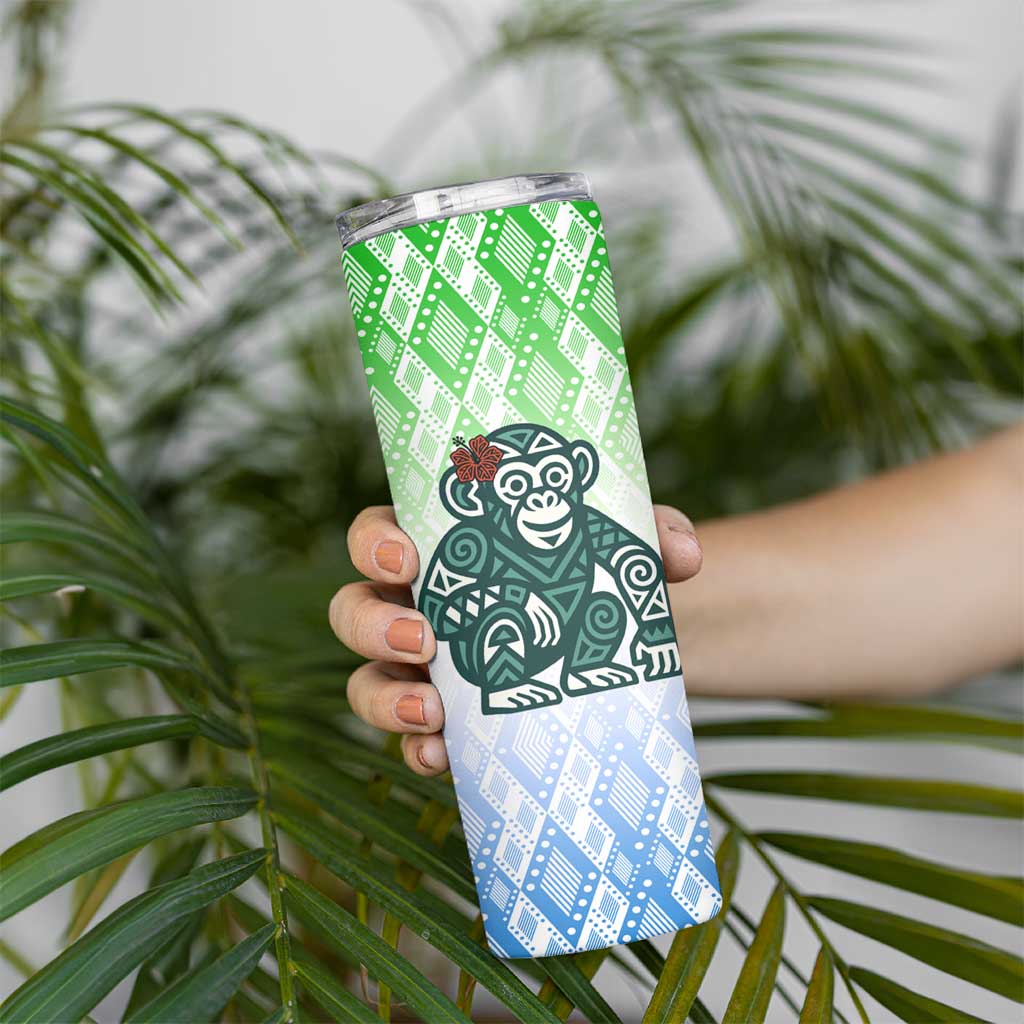 Sierra Leone Skinny Tumbler with Tribal Chimpanzee Design and Green Blue Gradient Pattern
