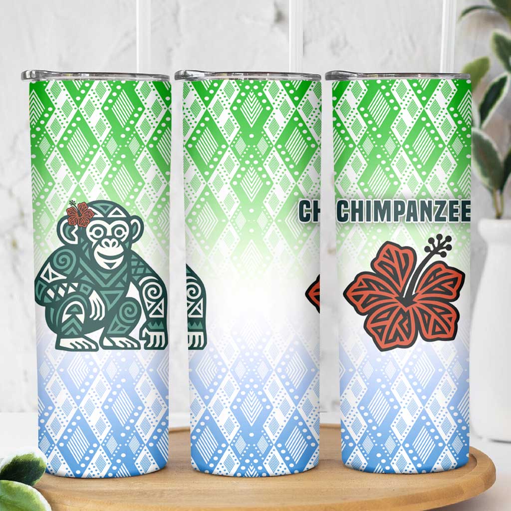 Sierra Leone Skinny Tumbler with Tribal Chimpanzee Design and Green Blue Gradient Pattern