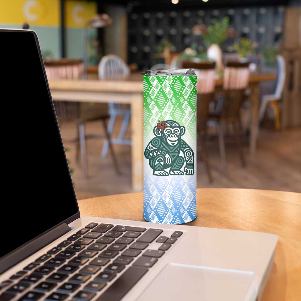 Sierra Leone Skinny Tumbler with Tribal Chimpanzee Design and Green Blue Gradient Pattern