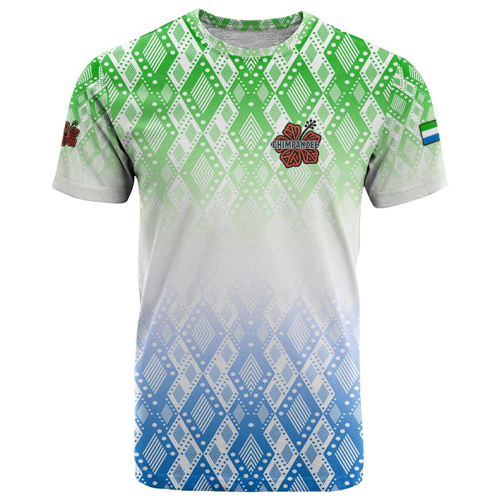 Sierra Leone T Shirt with Tribal Chimpanzee Design and Green Blue Gradient Pattern