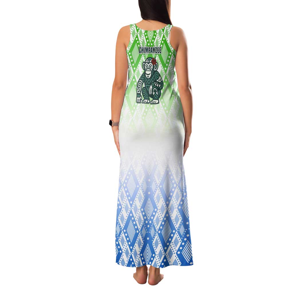 Sierra Leone Tank Maxi Dress with Tribal Chimpanzee Design and Green Blue Gradient Pattern