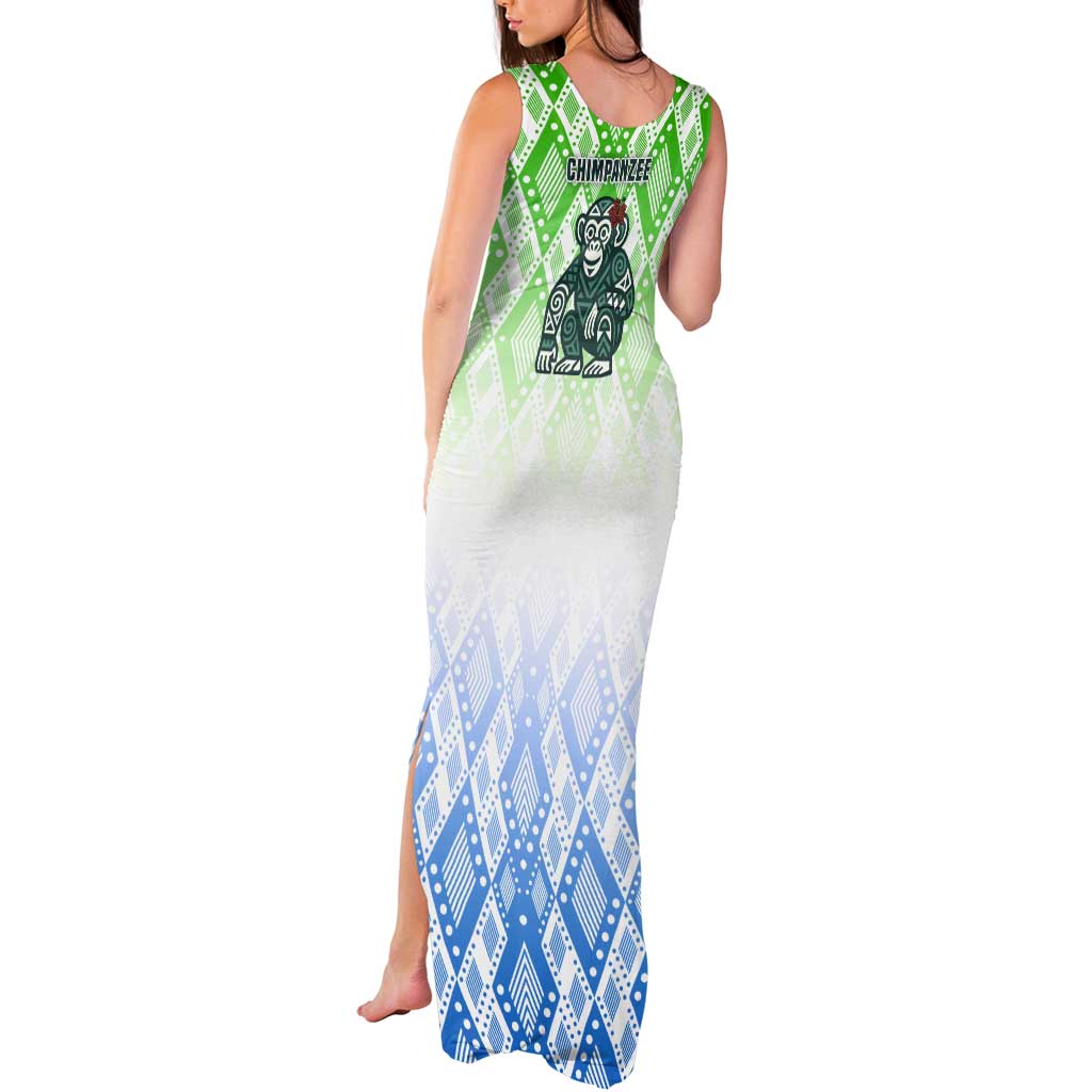 Sierra Leone Tank Maxi Dress with Tribal Chimpanzee Design and Green Blue Gradient Pattern