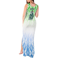 Sierra Leone Tank Maxi Dress with Tribal Chimpanzee Design and Green Blue Gradient Pattern