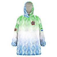 Sierra Leone Wearable Blanket Hoodie with Tribal Chimpanzee Design and Green Blue Gradient Pattern
