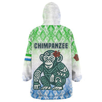 Sierra Leone Wearable Blanket Hoodie with Tribal Chimpanzee Design and Green Blue Gradient Pattern