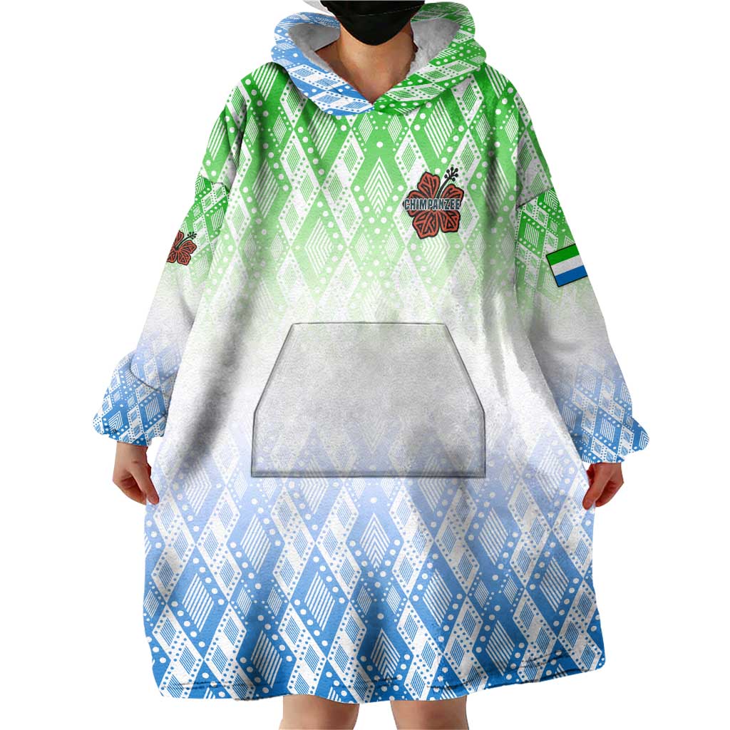 Sierra Leone Wearable Blanket Hoodie with Tribal Chimpanzee Design and Green Blue Gradient Pattern
