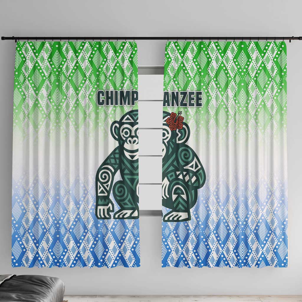 Sierra Leone Window Curtain with Tribal Chimpanzee Design and Green Blue Gradient Pattern