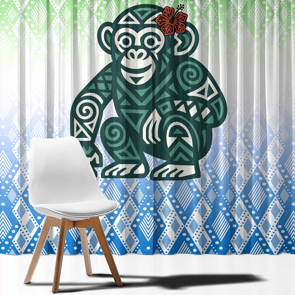 Sierra Leone Window Curtain with Tribal Chimpanzee Design and Green Blue Gradient Pattern