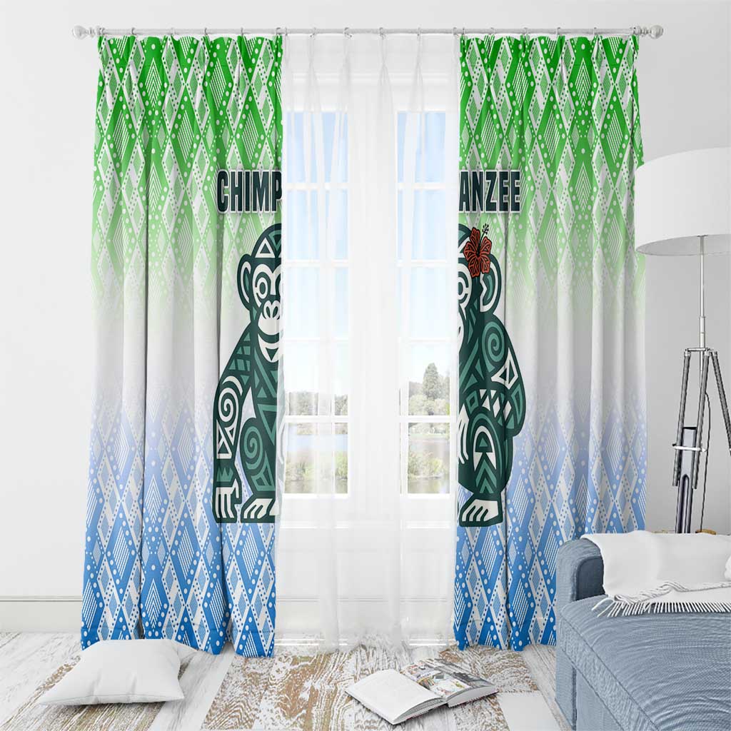 Sierra Leone Window Curtain with Tribal Chimpanzee Design and Green Blue Gradient Pattern