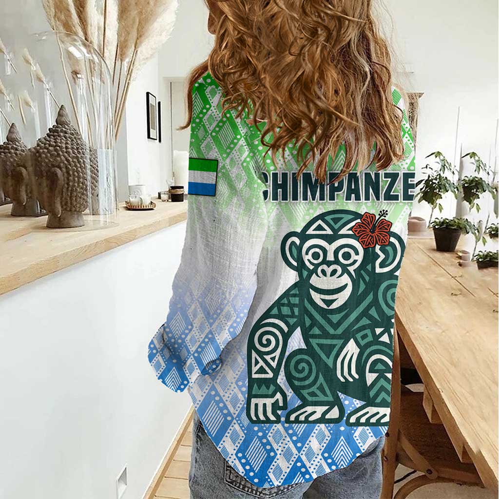 Sierra Leone Women Casual Shirt with Tribal Chimpanzee Design and Green Blue Gradient Pattern