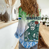 Sierra Leone Women Casual Shirt with Tribal Chimpanzee Design and Green Blue Gradient Pattern