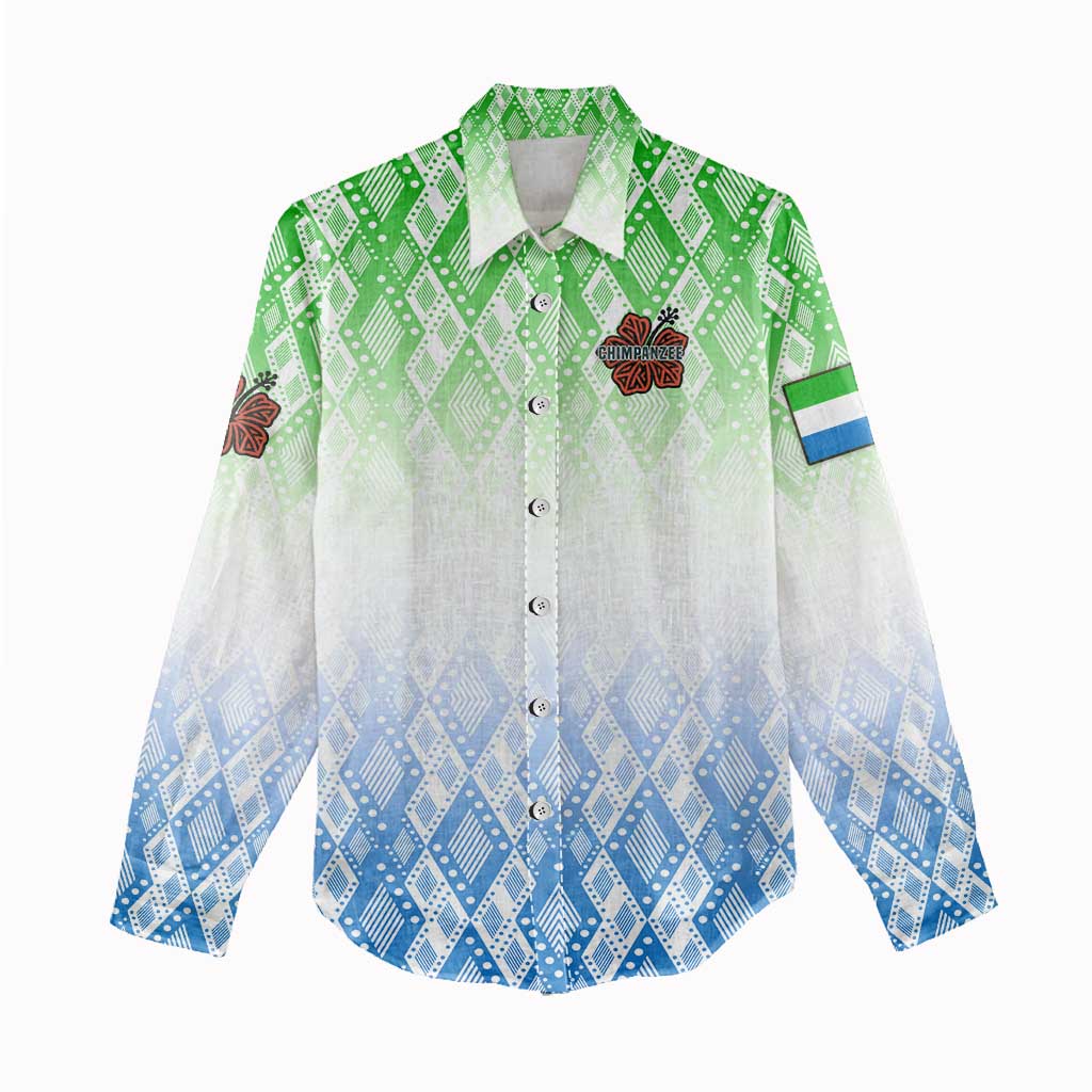 Sierra Leone Women Casual Shirt with Tribal Chimpanzee Design and Green Blue Gradient Pattern