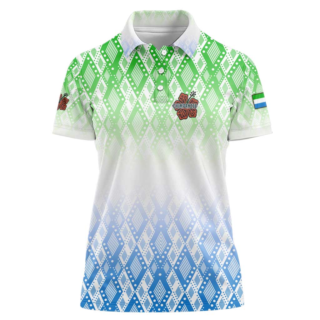 Sierra Leone Women Polo Shirt with Tribal Chimpanzee Design and Green Blue Gradient Pattern