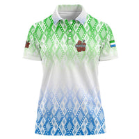 Sierra Leone Women Polo Shirt with Tribal Chimpanzee Design and Green Blue Gradient Pattern