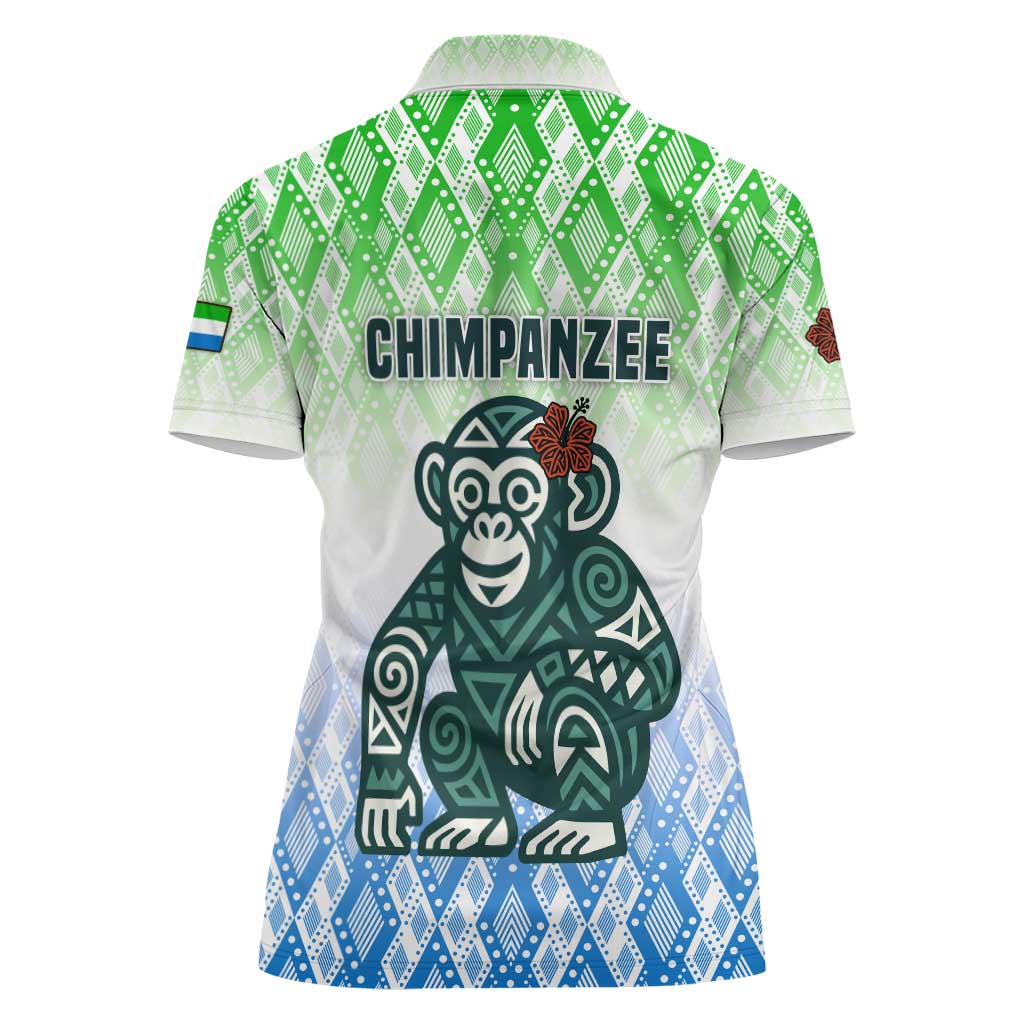 Sierra Leone Women Polo Shirt with Tribal Chimpanzee Design and Green Blue Gradient Pattern