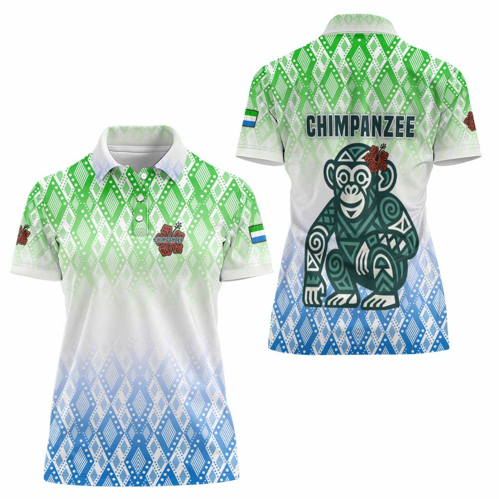 Sierra Leone Women Polo Shirt with Tribal Chimpanzee Design and Green Blue Gradient Pattern