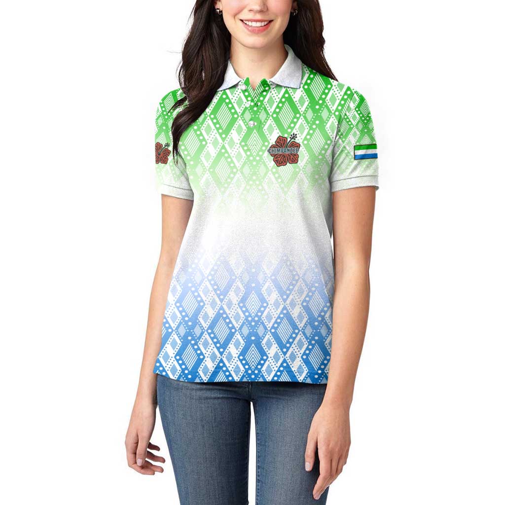 Sierra Leone Women Polo Shirt with Tribal Chimpanzee Design and Green Blue Gradient Pattern