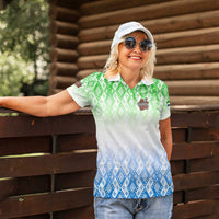 Sierra Leone Women Polo Shirt with Tribal Chimpanzee Design and Green Blue Gradient Pattern
