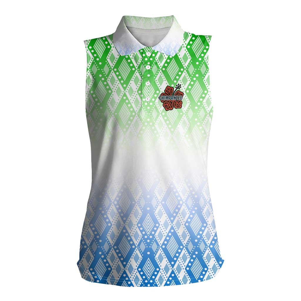 Sierra Leone Women Sleeveless Polo Shirt with Tribal Chimpanzee Design and Green Blue Gradient Pattern