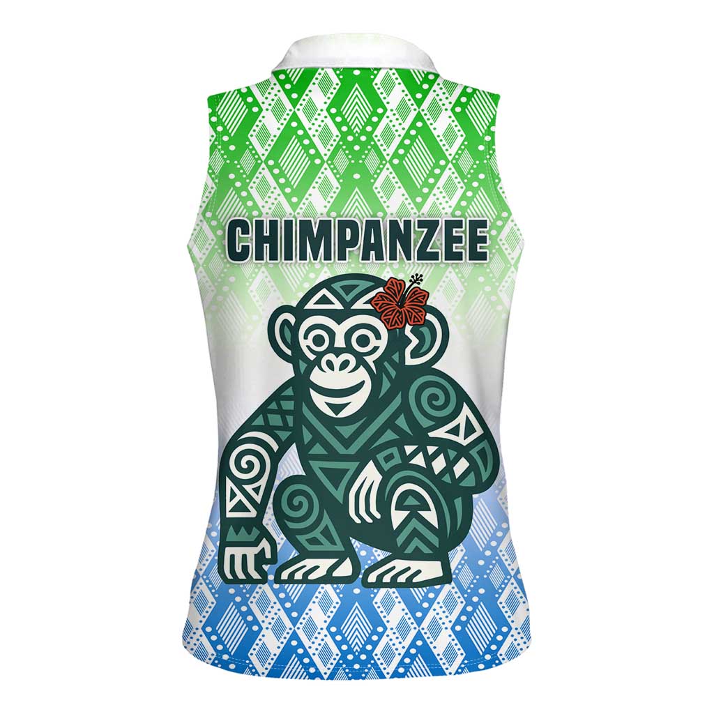 Sierra Leone Women Sleeveless Polo Shirt with Tribal Chimpanzee Design and Green Blue Gradient Pattern