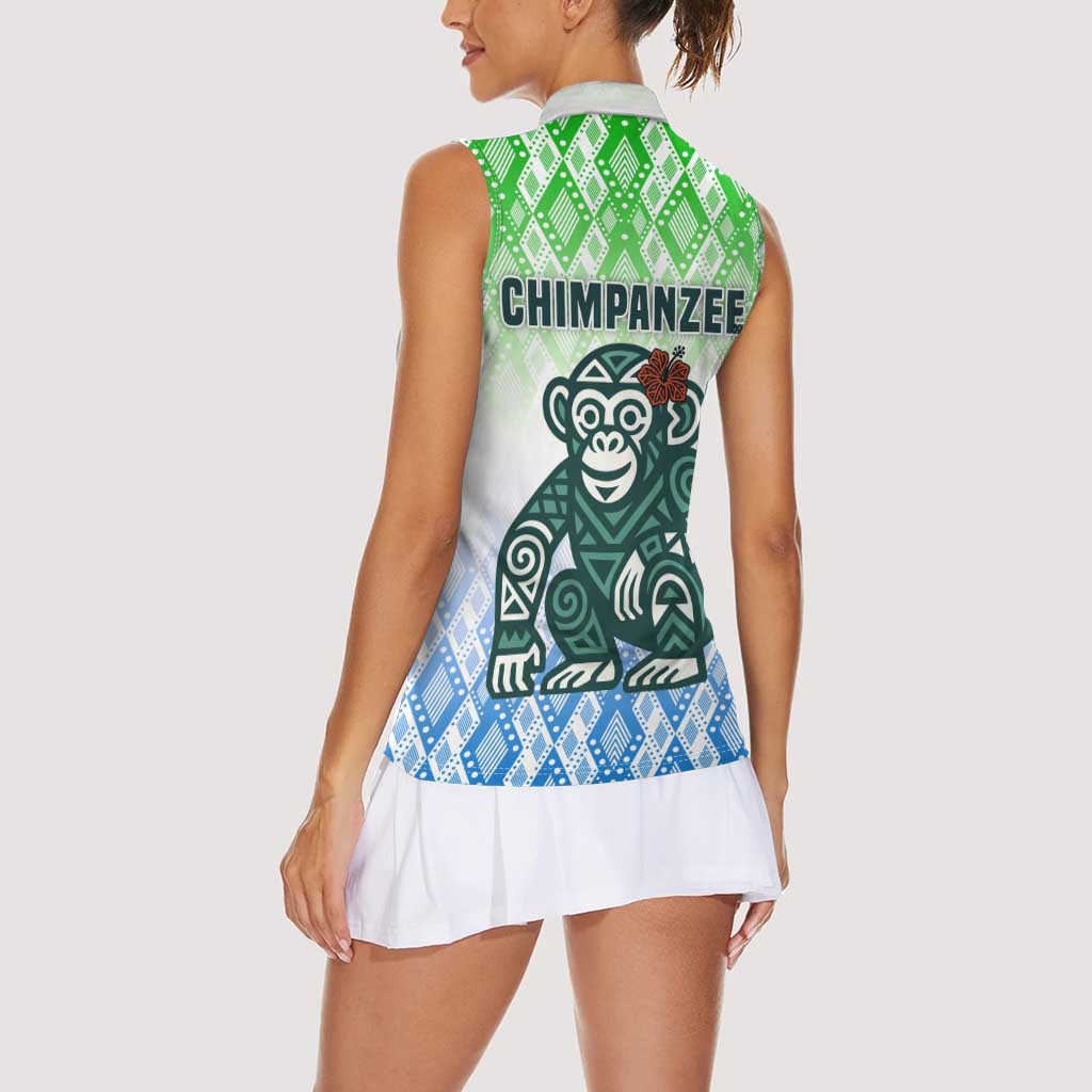 Sierra Leone Women Sleeveless Polo Shirt with Tribal Chimpanzee Design and Green Blue Gradient Pattern