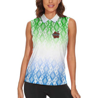 Sierra Leone Women Sleeveless Polo Shirt with Tribal Chimpanzee Design and Green Blue Gradient Pattern