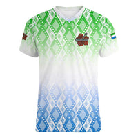 Sierra Leone Women V-Neck T-Shirt with Tribal Chimpanzee Design and Green Blue Gradient Pattern