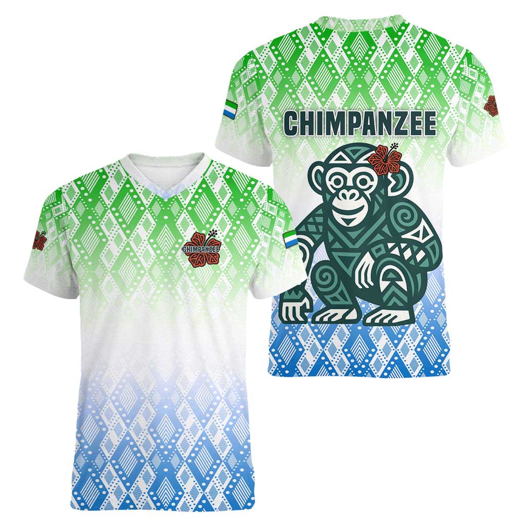 Sierra Leone Women V-Neck T-Shirt with Tribal Chimpanzee Design and Green Blue Gradient Pattern