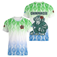 Sierra Leone Women V-Neck T-Shirt with Tribal Chimpanzee Design and Green Blue Gradient Pattern