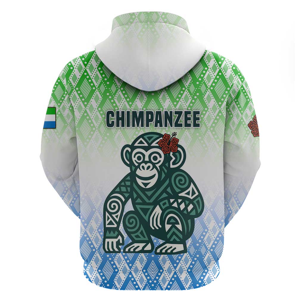Sierra Leone Zip Hoodie with Tribal Chimpanzee Design and Green Blue Gradient Pattern