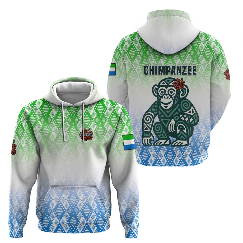 Sierra Leone Zip Hoodie with Tribal Chimpanzee Design and Green Blue Gradient Pattern