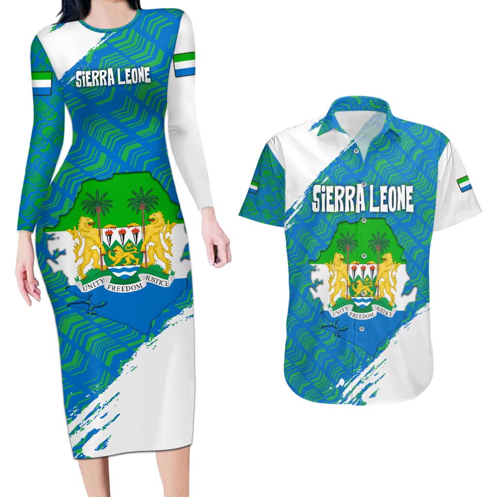 Sierra Leone Crest Couples Matching Long Sleeve Bodycon Dress and Hawaiian Shirt with National Coat of Arms and Flag Colors