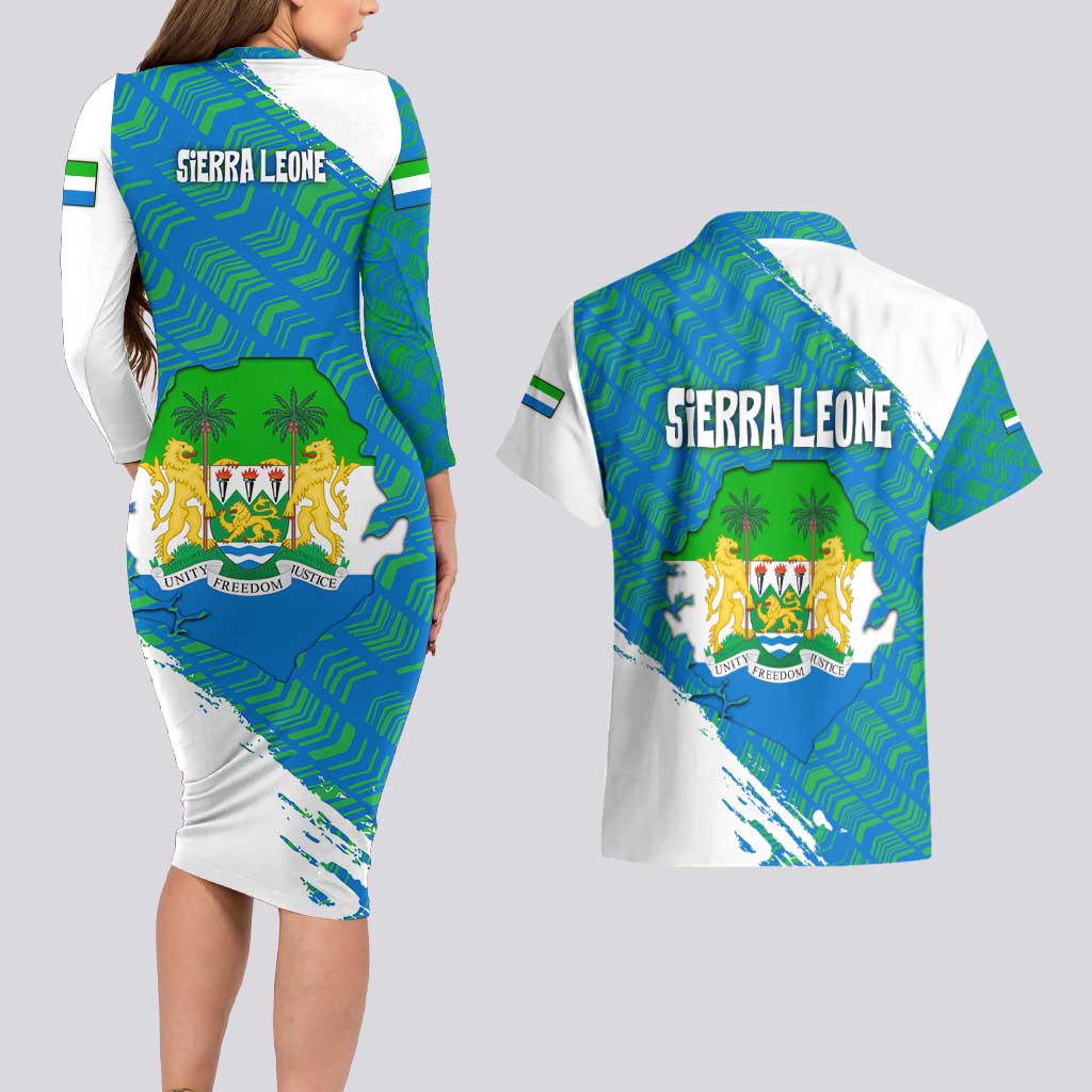 Sierra Leone Crest Couples Matching Long Sleeve Bodycon Dress and Hawaiian Shirt with National Coat of Arms and Flag Colors