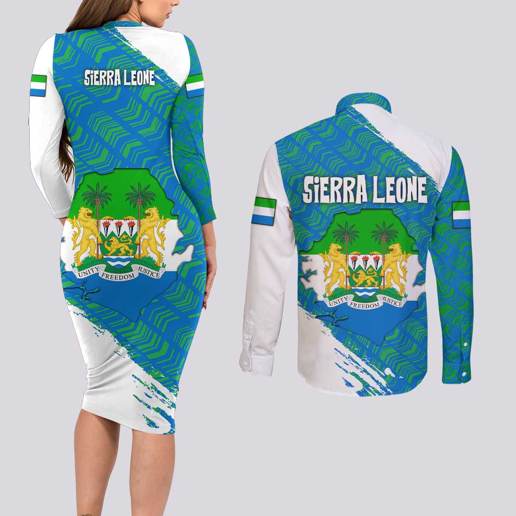 Sierra Leone Crest Couples Matching Long Sleeve Bodycon Dress and Long Sleeve Button Shirt with National Coat of Arms and Flag Colors
