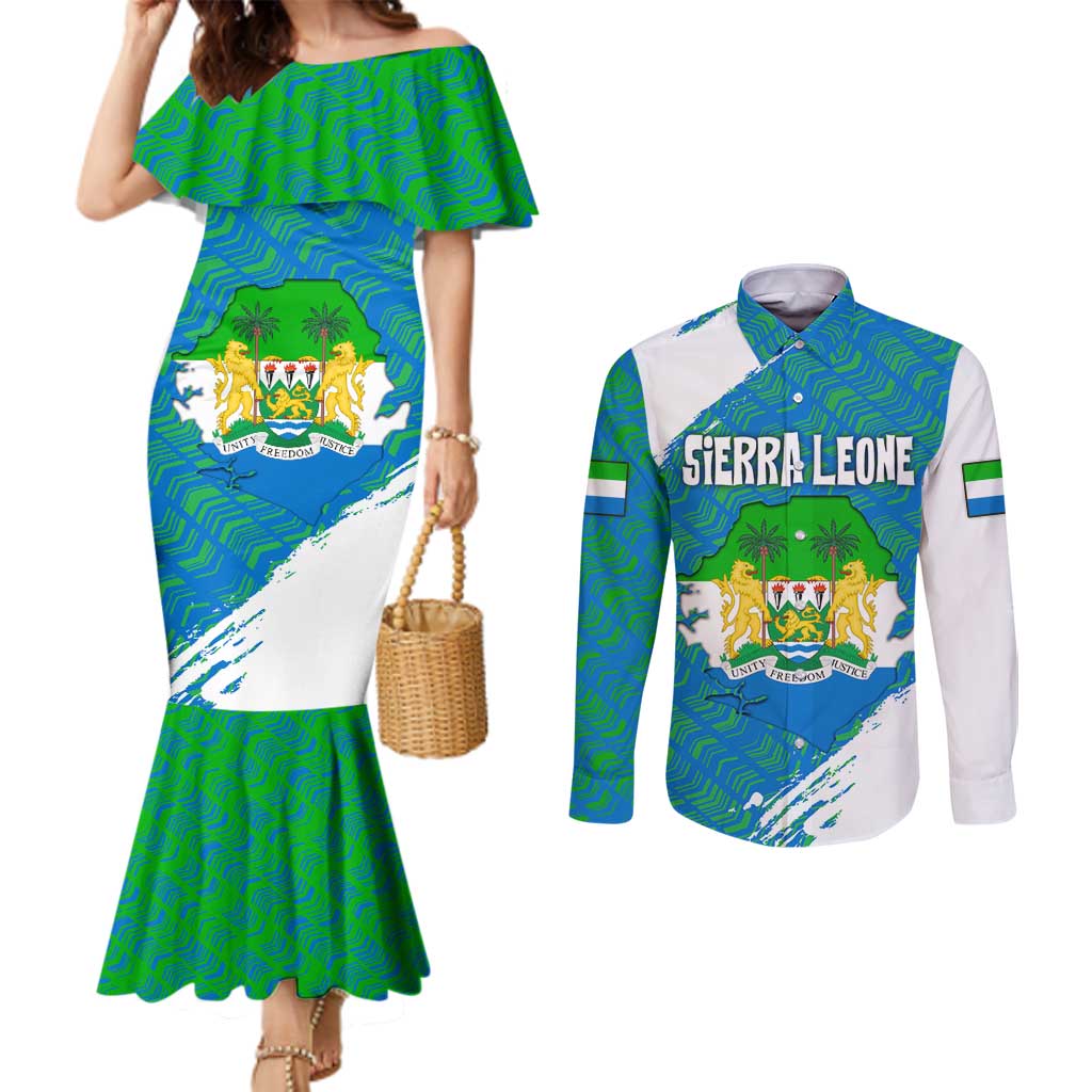 Sierra Leone Crest Couples Matching Mermaid Dress and Long Sleeve Button Shirt with National Coat of Arms and Flag Colors